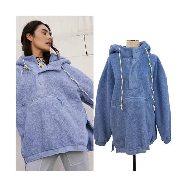 Free People Fuzzy Was She Pullover Blue‎ Sherpa Fleece Hoodie Womens Small - Image 2