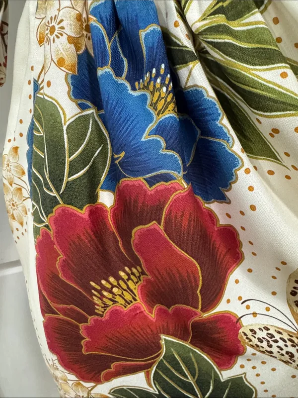 Farm Rio Floral Wrap Midi Dress in Cream with Blue & Red Blooms Size Small - Image 5