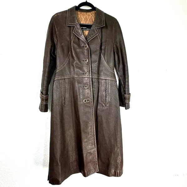Leda Spain 12 vintage brown leather trench coat jacket long 70's retro - Image 2