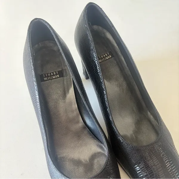 Stuart Weitzman Black Leather Pumps Mid Heels Square Toe Women's Size 7 B - Image 6