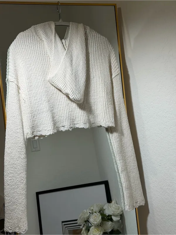Moon & Madison Knit Hooded Zip Women Sweater in Off-White - L - Image 10