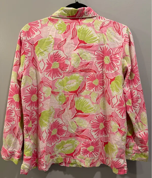 Lilly Pulitzer Floral Print Button-Down Bow Detail Long Sleeve Pajama Top Pink and Green - Image 2