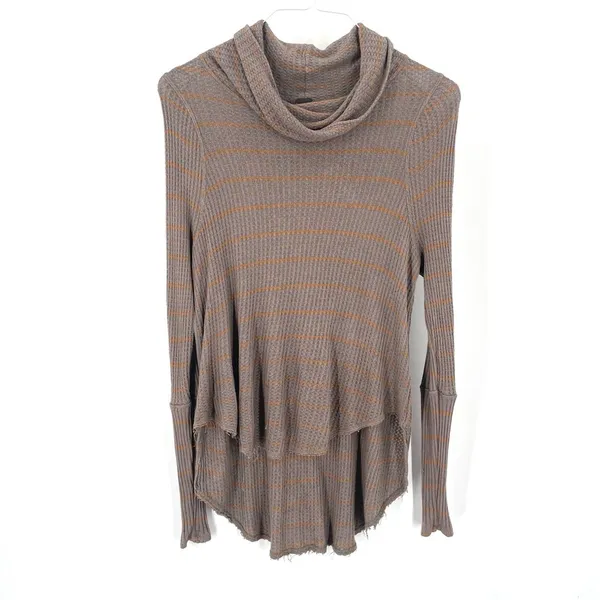 FREE PEOPLE Kristina Drippy Striped Thermal Waffle knit Long Sleeve Cowlneck Top - Image 3