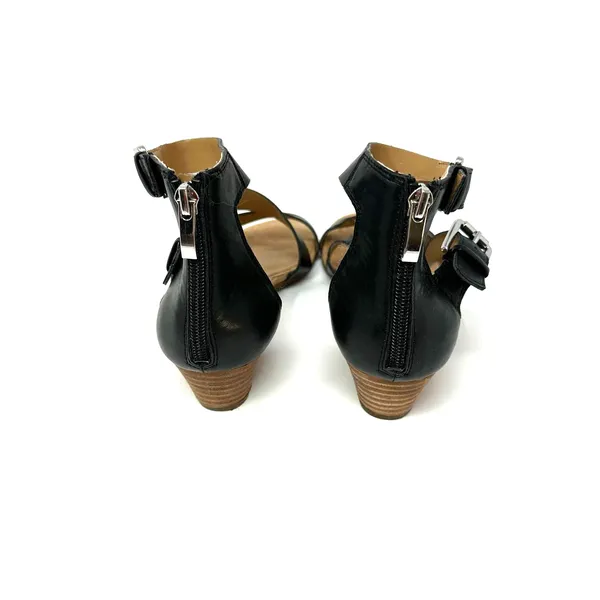 Franco Sarto‎ size 9 black strappy low heel kitten heel sandals zip up rear - Image 4