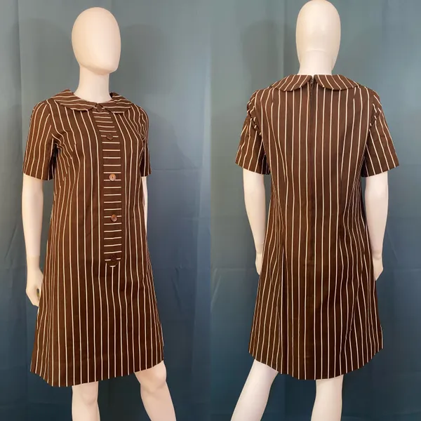 Vintage 60s Peter Pan Collar Chocolate Striped Dress - Image 2