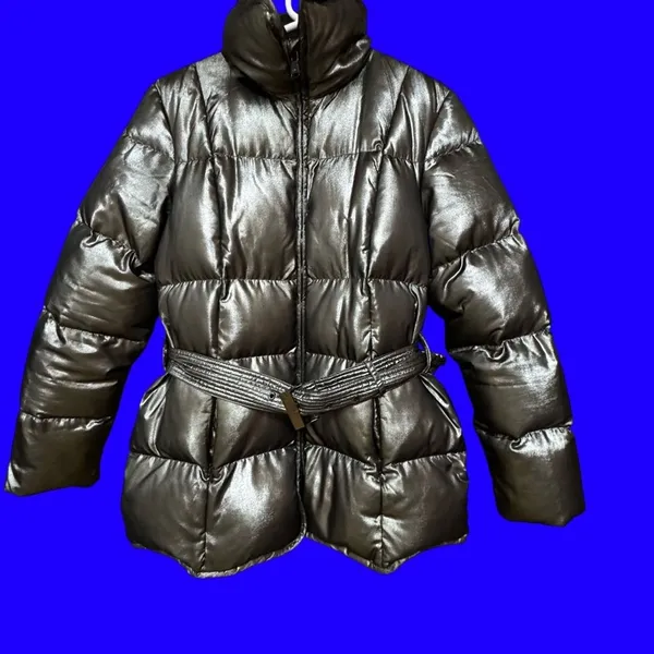 Lauren Ralph Lauren Womens M Gray Silver Belted Down Puffer Jacket Shiny - Image 6