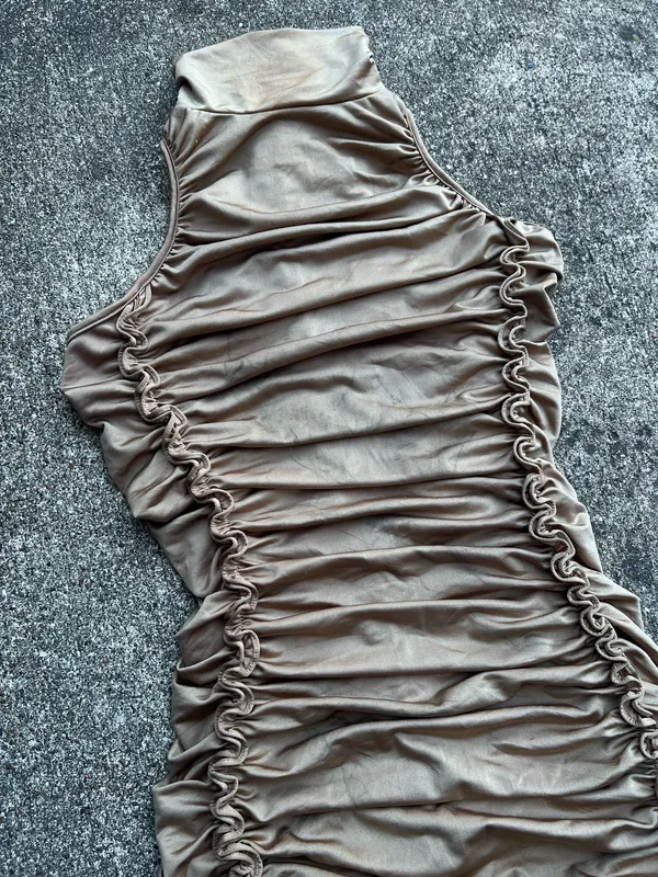 E: Hera Collection Taupe Mock Neck Ruched Bodycon Dress Size S Marks - Image 3