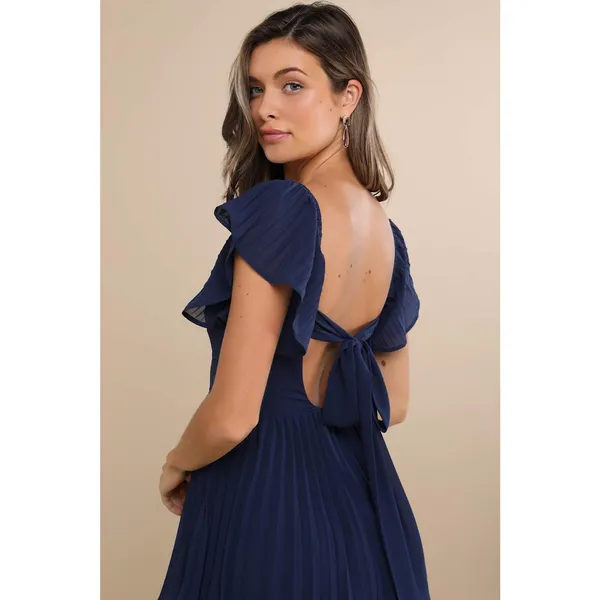 NWT Lulus Notorious Charm Navy Blue Pleated Flutter Sleeve Maxi Dress Gala Sz L - Image 6