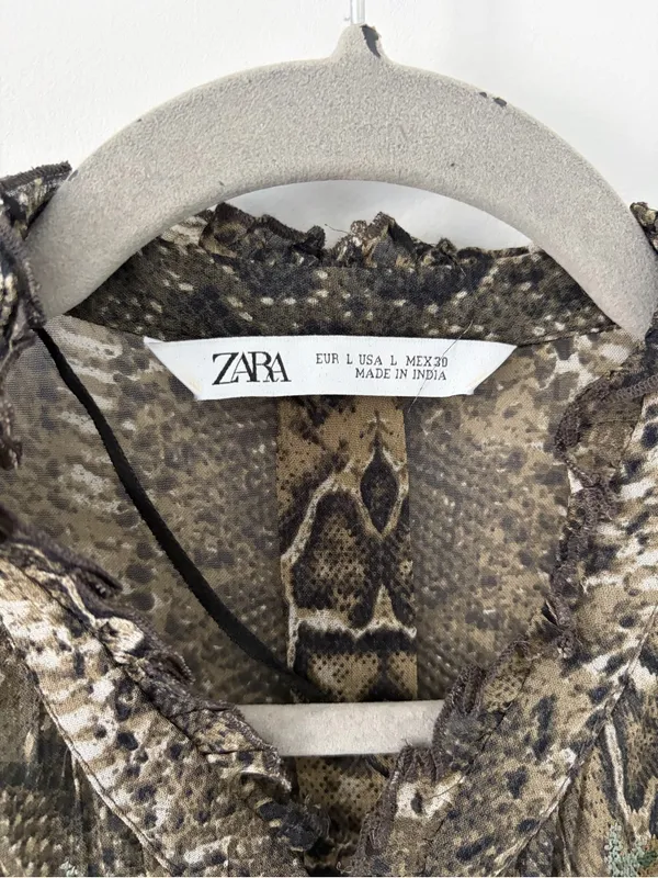 Zara Green Tan Python Snake Print Open Front Tassel Embroidered Blouse Large - Image 3