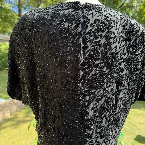 VTG 90s Black Tie Black 100% Silk Sequin Beaded Dress size 14 Shoulder Pad - Image 5