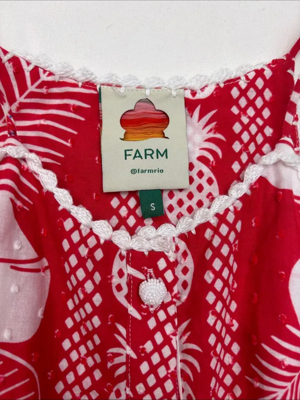 Farm Rio size small Red White Tropical Print Button-Front Maxi Dress vaca party - Image 2