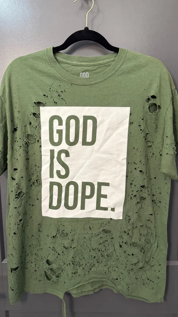 GOD IS DOPE. Distressed Green Tee Size L - Image 2
