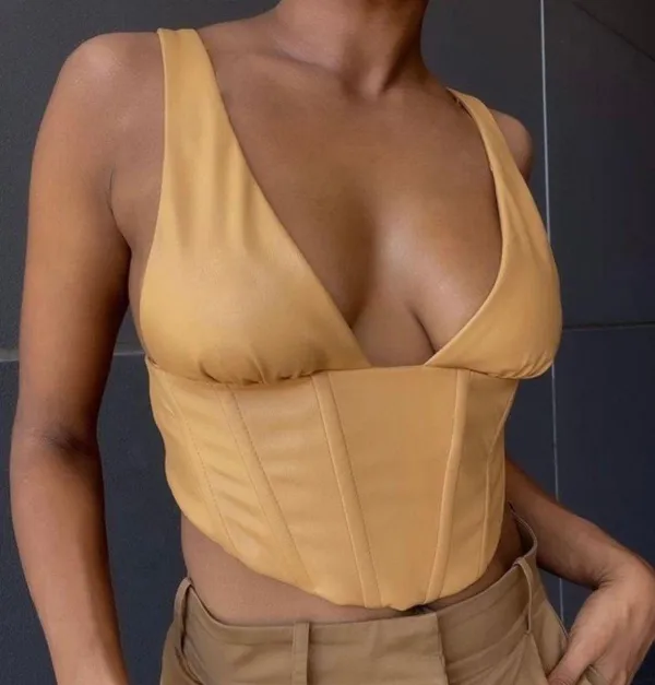 ZARA Tan Faux Leather V Neck Cropped Corset Top - Image 4