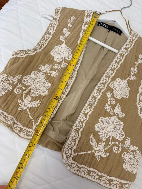 ZARA Embroidered Floral Boho Vest Tan Bohemian Cottagecore Festival Romantic M - Image 6