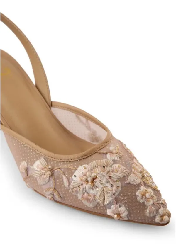 Embroidered Mesh Slingback Kitten Heels Tan Size 8 - Image 3