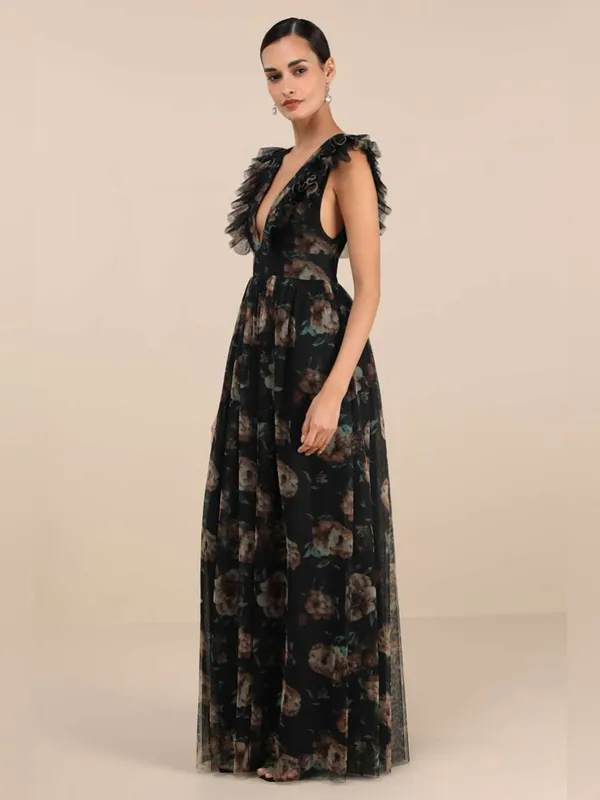 Lulus Simply Delighted Black Floral Mesh Ruffled Backless Maxi Dress Size XXL - Image 4