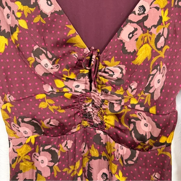 Free People Red Floral Balloon Sleeve Mini Dress Womens 2 Peasant Satin Burgundy - Image 6