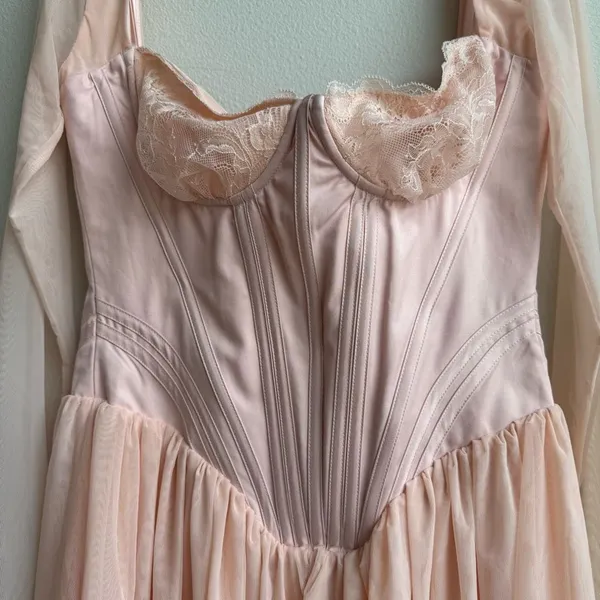House Of CB Vivi Soft Peach Pink Corset Long Sleeve Party Mini Dress Size Medium - Image 3