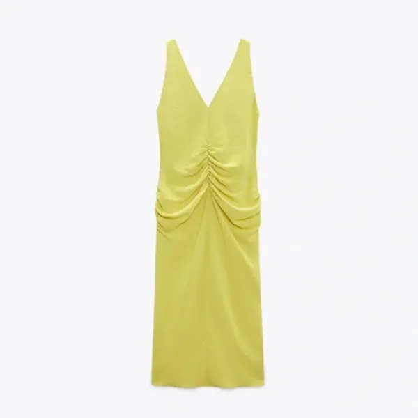 NWOT Zara Center Ruched Detail V-Neck Wide Straps Yellow Midi Dress Small - Image 11