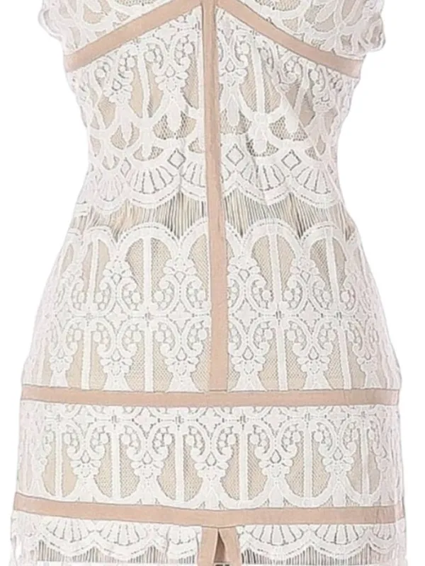 Ecru Split Front Lace Maxi Dress M Cage Spaghetti Straps Prom Beach Wedding - Image 4