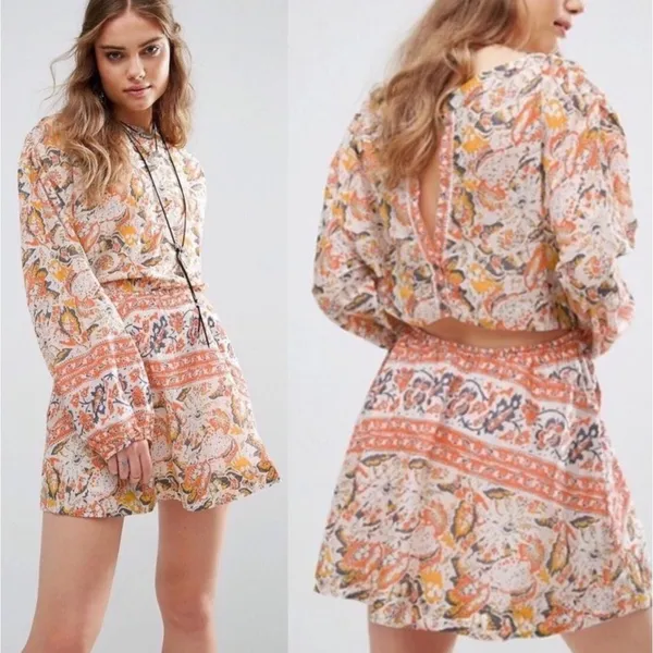 Free People Sun Print Paisley Cutout‎ Mini Dress Orange Yellow Gray Size M - Image 2