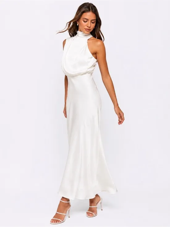 NEW LULUS Distinctive Charm White Satin Asymmetrical Midi Dress SZ XS - Image 4