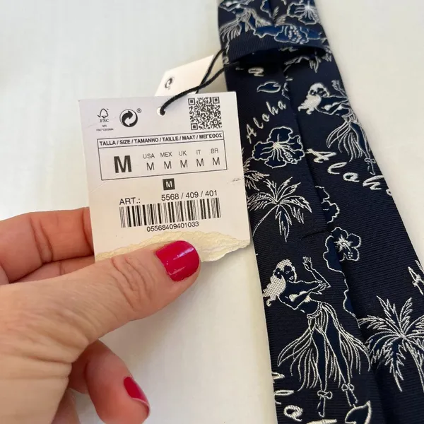 NWT Zara Sz M Navy Blue Floral Aloha Silk Thin Slim Necktie 58"‎ x 2.5" inch - Image 5