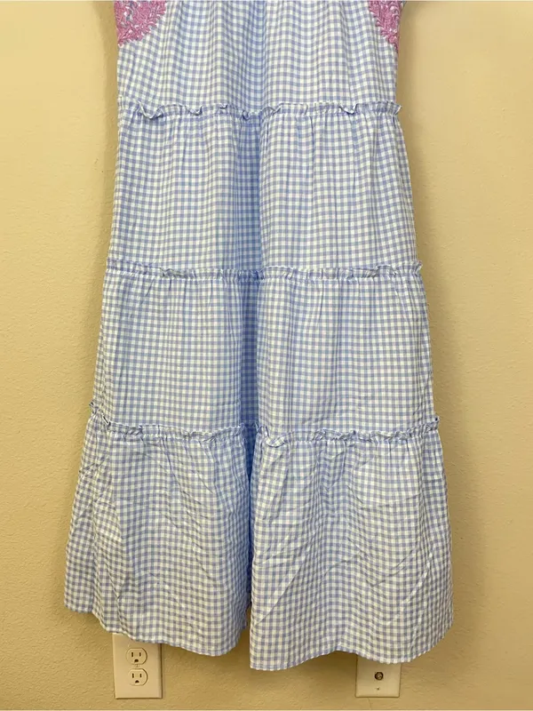 J. Marie Blue Gingham Plaid Flutter Sleeves Floral Embroidery Tiered Midi Dress - Image 6