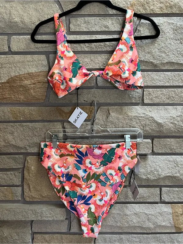 Skatie Bel Air Coral Paradise Print Bikini Top L Salty high rise bottoms xl NWT - Image 2
