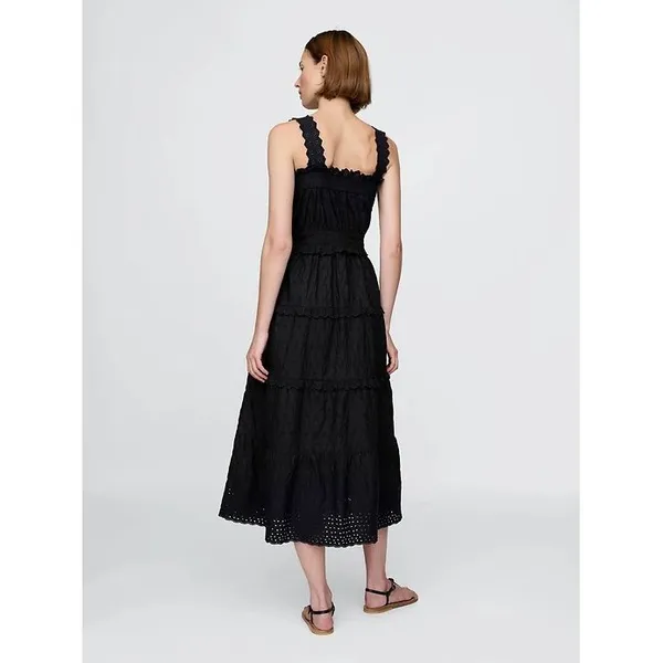 GAP x DOEN Midi Dress Black Cotton Eyelet Tiered Button Front Smocked Waist M - Image 2