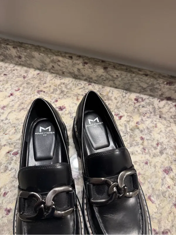 Marc Fisher Black Leather Silver ChainHorsebit Loafer Shoes Fall Chunky - Image 4