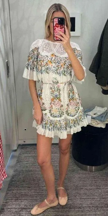 Farm Rio Sweet Bloom Dress Small Mini Bouquet Short Sleeve Eyelet Lace Garden - Image 6