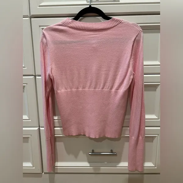 Amazon Pink Open Front Button Up Cropped Ribbed Knit Cardigan - Image 3