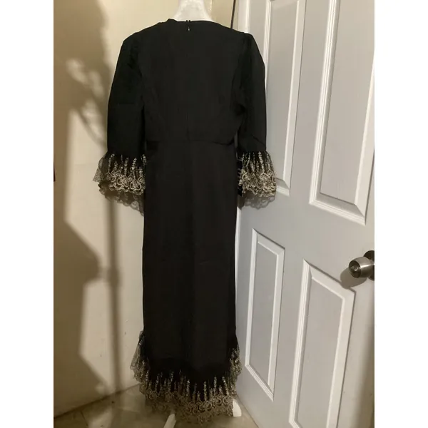 Pomander Place Womens Black Gold Lace Trim Maxi Dress B1448 Large NWT - Image 3