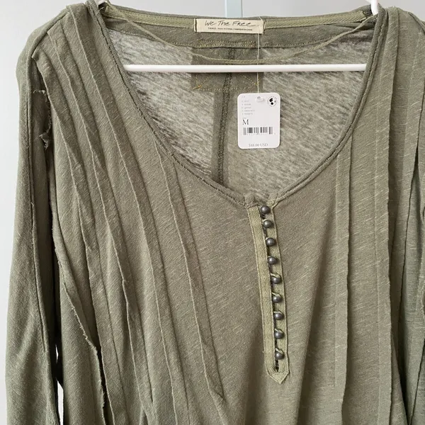 We The Free M‎ Green Henley Linen Slub Raw Hem Boho Slouchy Lagenlook NWT - Image 2
