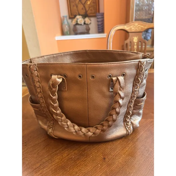 Nordstrom Brown Genuine Leather Tote Shoulder Bag Medium Boho Braided Trim - Image 2
