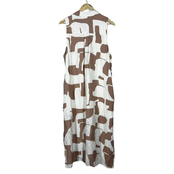 Entro Abstract Geometric Sleeveless Button Front Midi Shirt Dress Brown Size L - Image 4