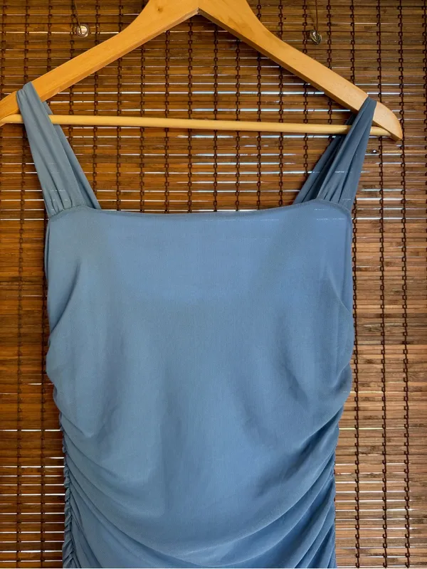 Lulus Amazing Presence Slate Blue Mesh Ruched Maxi Dress NWOT Small $79 - Image 6