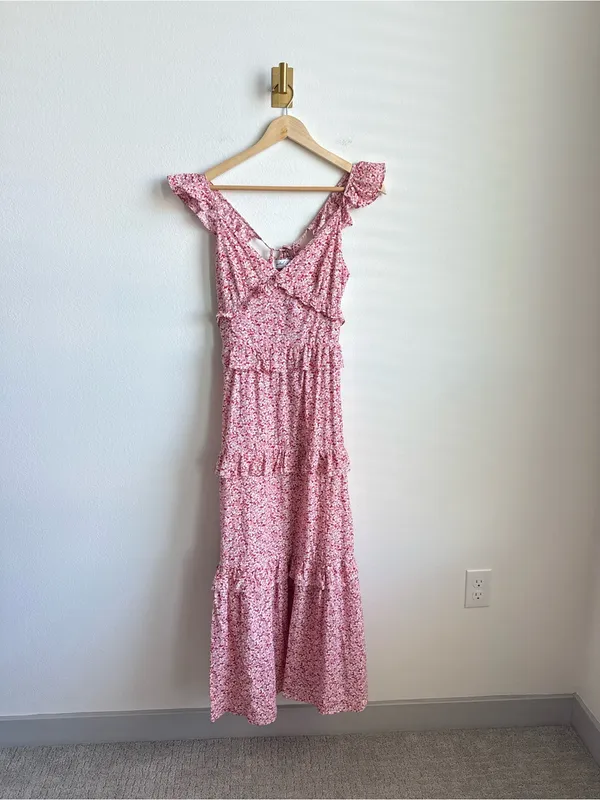 Petal + Pup Aspa Floral Tiered Midi Dress Pink Ruffle Tie Back Cotton Size 4 - Image 5