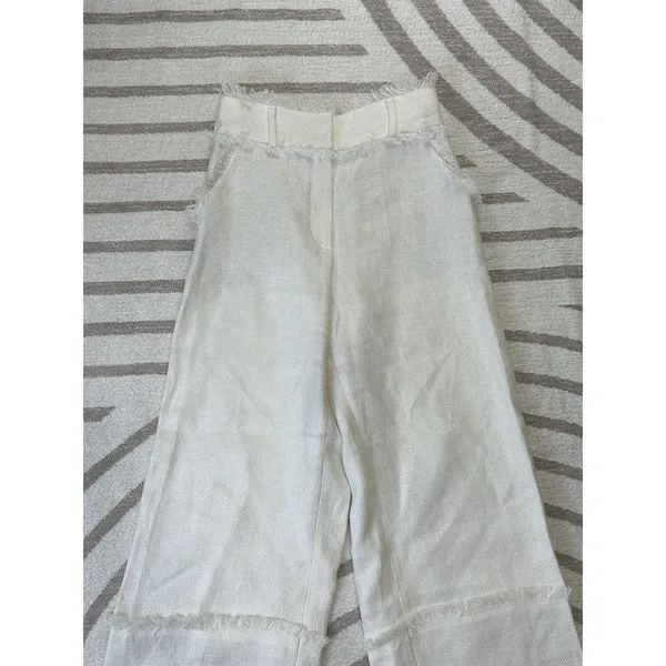 Uterqüe Women Off White Wide Leg Crop Pants Textured Raw Hem Fringe High Waist S - Image 4