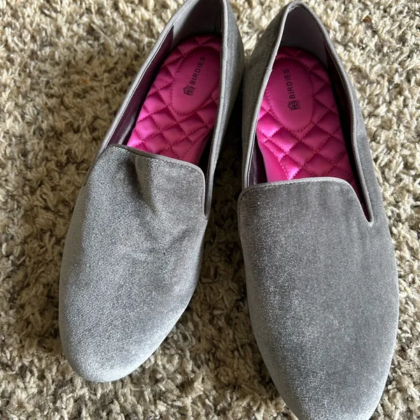 Birdies Gray Velvet Loafers with Pink Quilted Insole - Image 5