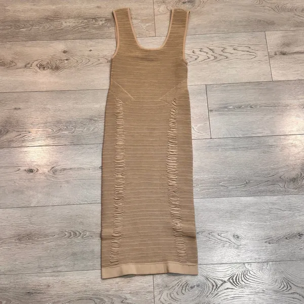Aura Bodycon Ribbed Sleeveless Dress Tan Neutral Casual‎ Chic Size Small S - Image 2