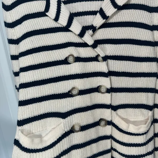 Striped Knit Cardigan Sweater Navy Blue Small Coastal Nautical Preppy Cotton - Image 3