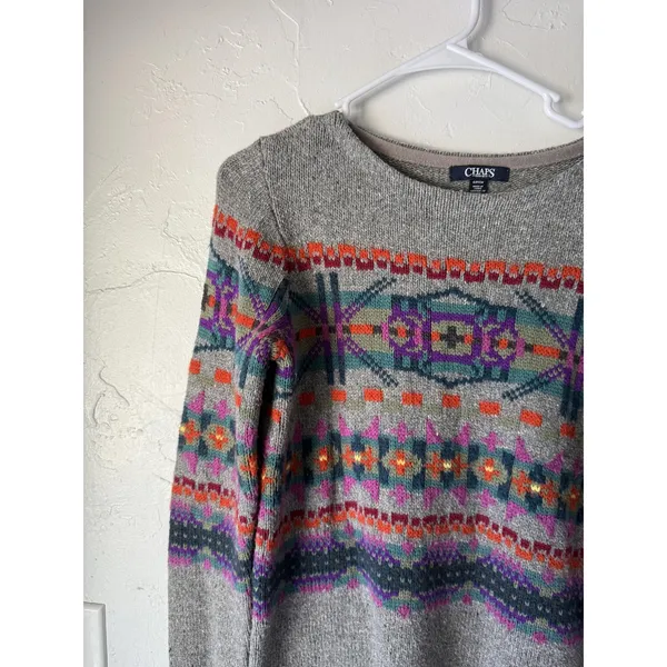 Chaps Sweater Womens Small‎ Fair Isle Pullover Crewneck Cotton Blend Colorful - Image 2