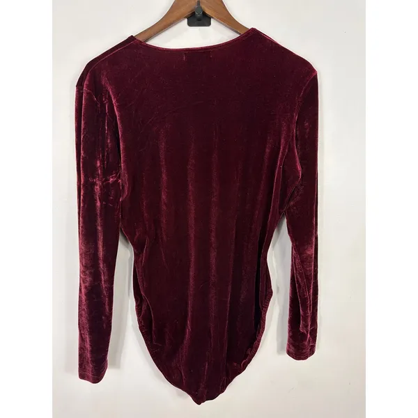 Ann Taylor Bodysuit Womens Large Burgundy Velvet Long Sleeve Vintage 90s Wine - Image 2