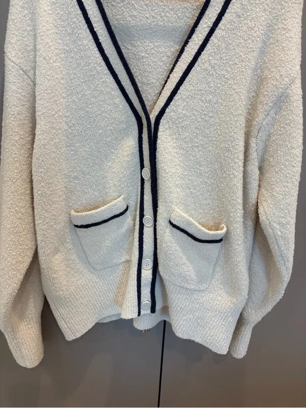J.Crew Cardigan Ivory Navy Trim Preppy Sweater. Collegiate, varsity size large - Image 6