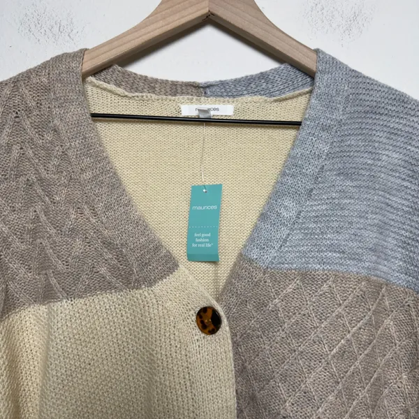 NEW Maurices Women Patchwork Cable Knit Cardigan Medium Cream Blue Tan Button Up - Image 6