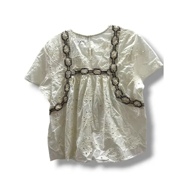 Zara TRF White‎ Eyelet Embroidered Cotton Tassel Boho Blouse XS NWT - Image 5