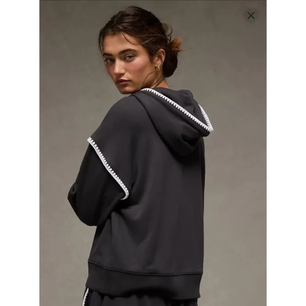 American Eagle Grey Hoodie Whipstitch Crochet Contrast Trim Oversized XL - Image 2