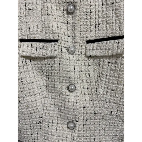 Commense Contrast Cuff Pearl Button Tweed Jacket Apricot Women's Size Small - Image 8